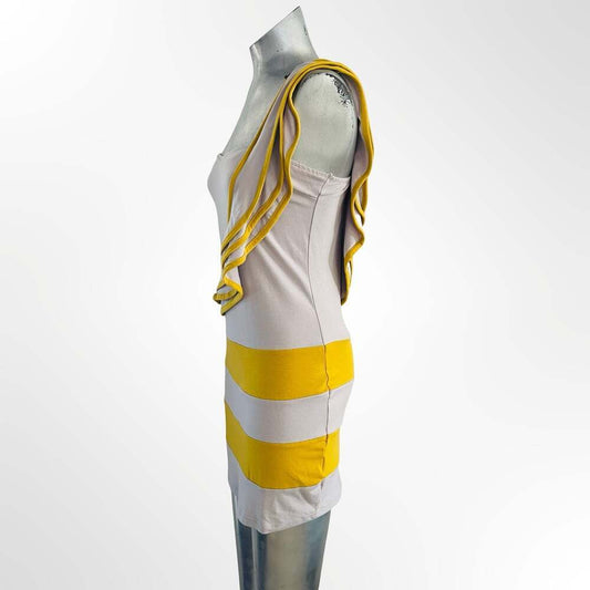 Gioia Fashion One Shoulder Dress Yellow Striped Bodycon Mini Size L