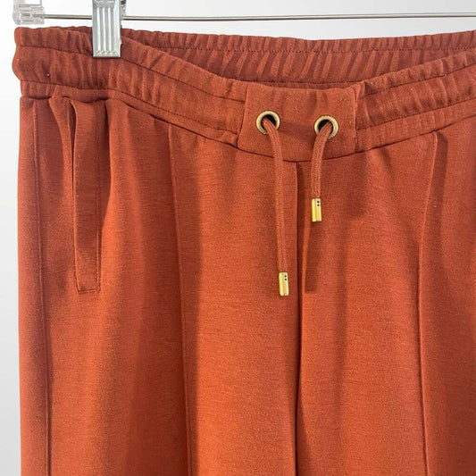 Wide Leg High-Waisted Drawstring Sweatpants with Pintuck Detail in Rust