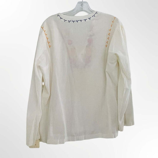 Vintage 1970s White Cotton Gauze Floral Embroidered Peasant Boho Tunic Blouse
