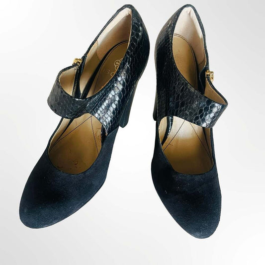 Isola Black Suede and Snakeskin Embossed Leather Mary Jane Block Heel Pumps