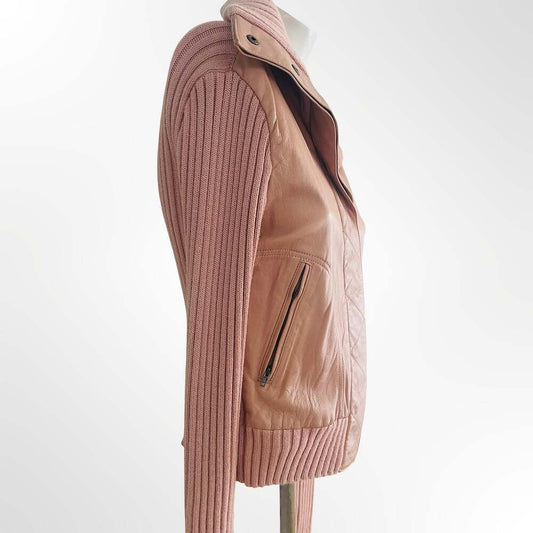 BCBGMaxAzria Pink Leather and Ribbed Knit Sweater Jacket Size M