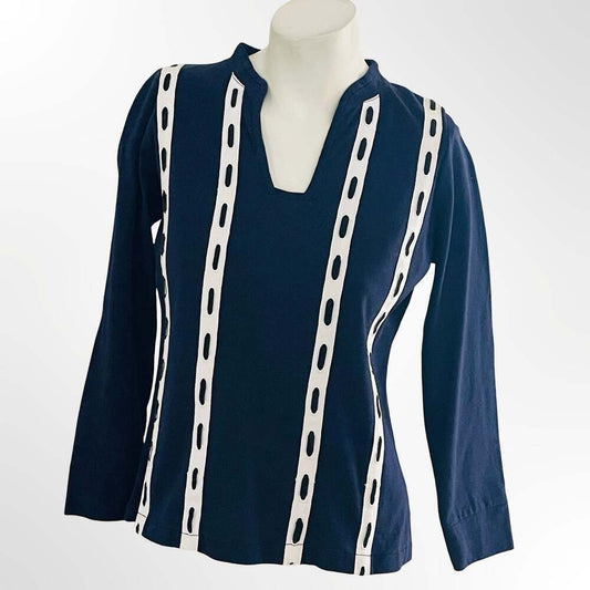 Vintage Navy Blue Long Sleeve Blouse with White Vertical Striped Details