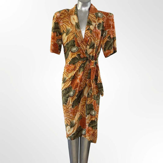Gillian Vintage 100% Silk Tropical Floral Print Faux Wrap Dress