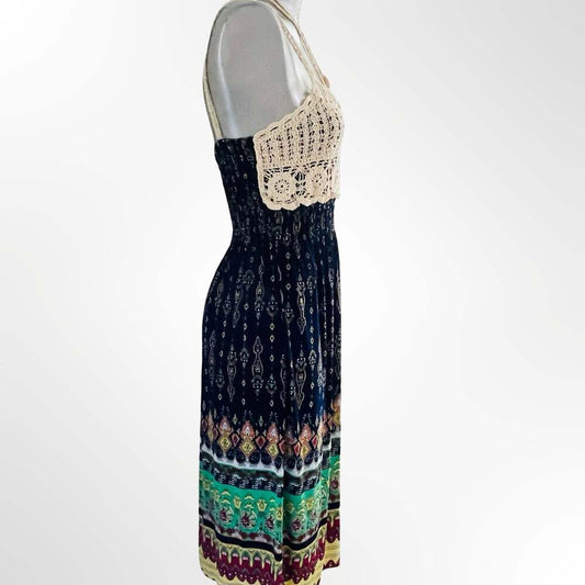 Ming Long Women's Boho Floral Smocked Midi Dress with Crochet Top