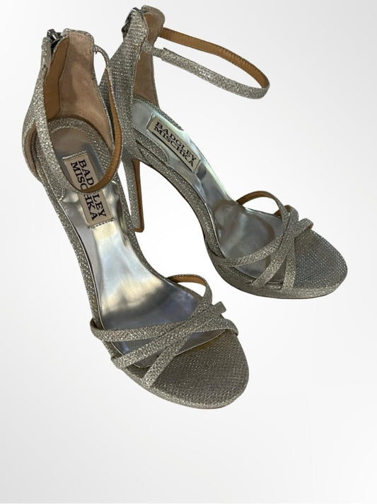 Badgley Mischka Silver Glitter Strappy Heels in size 5