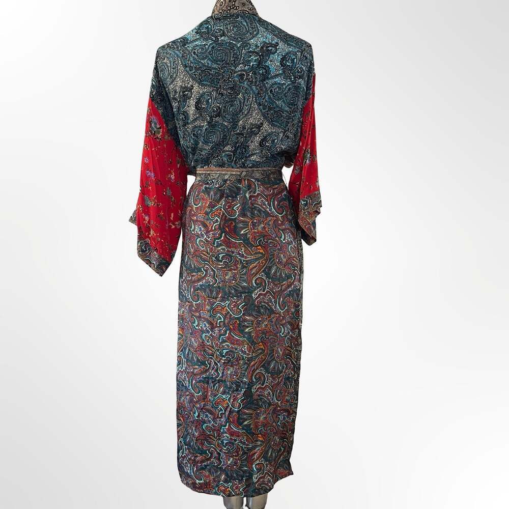 Vintage Upcycled Patchwork Silk Sari Kimono Robe with Belt