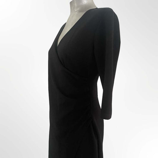 Unbranded Women's Black V-Neck Faux Wrap Sheath Dress with Three-Quarter Sleeves
