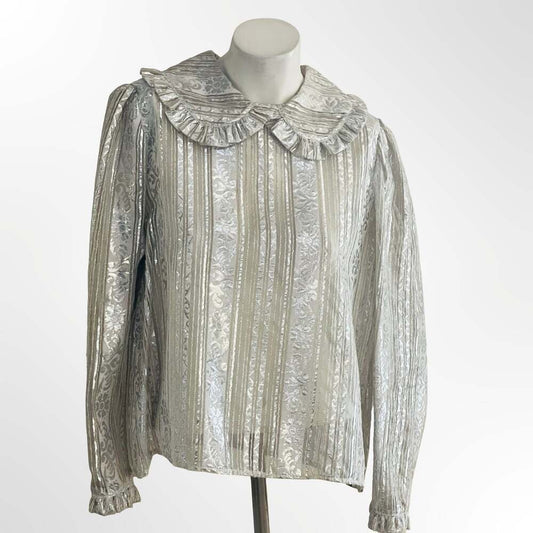 Vintage Metallic Silver Brocade Ruffle Collar Long Sleeve Blouse