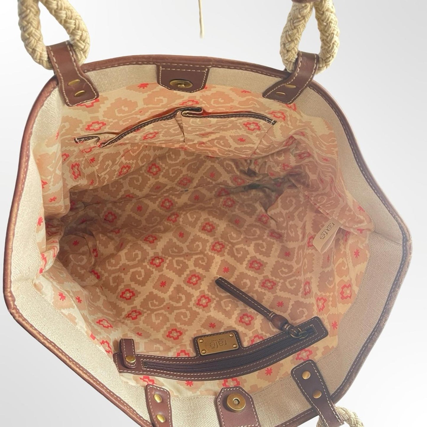 Rafe NY Canvas Tote Bag with Orange Ikat Panel & Brown Trim