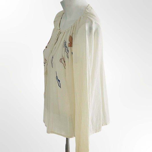 Vintage 1970s Embroidered Bird Design Cream Long Sleeve Blouse Free Size