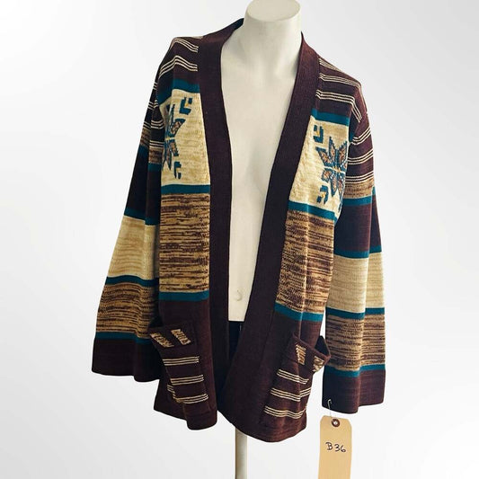 Monarch Knits Vintage Aztec Pattern Open Front Cardigan Sweater