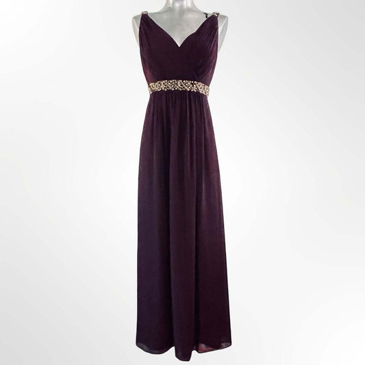 Calvin Klein Sleeveless V-Neck Pleated Chiffon Evening Gown w Crystal Waist det