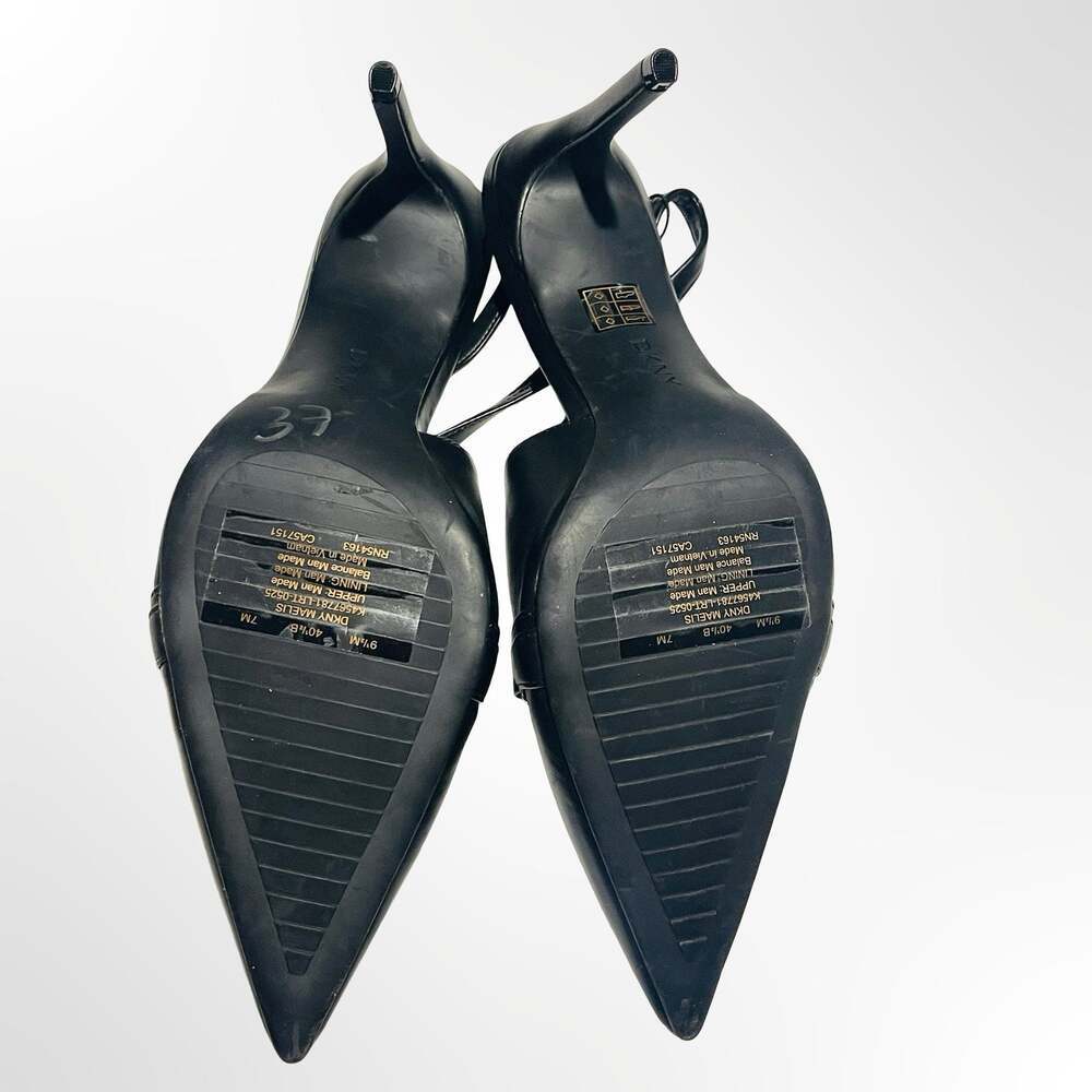 DKNY Black Leather Slingback Pointed-Toe Heels with Chain Detail