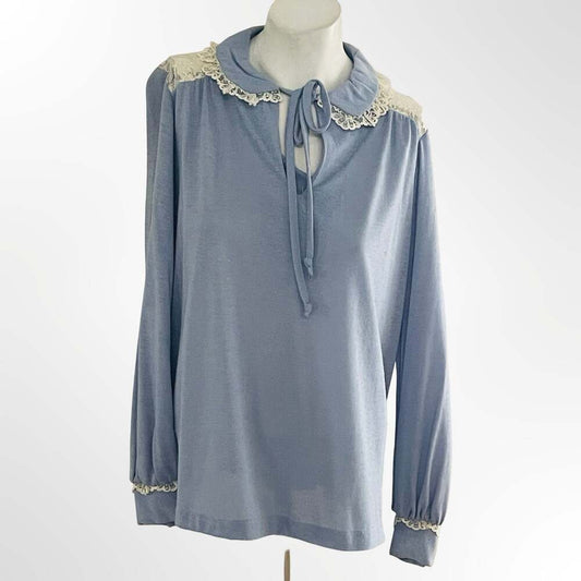 Red Pepper Vintage Blue Knit Blouse with Lace Collar and Tie