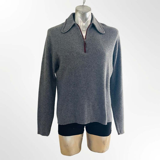 Gray Ribbed Half-Zip Sweater with Contrast Red Trim Lapel Collar