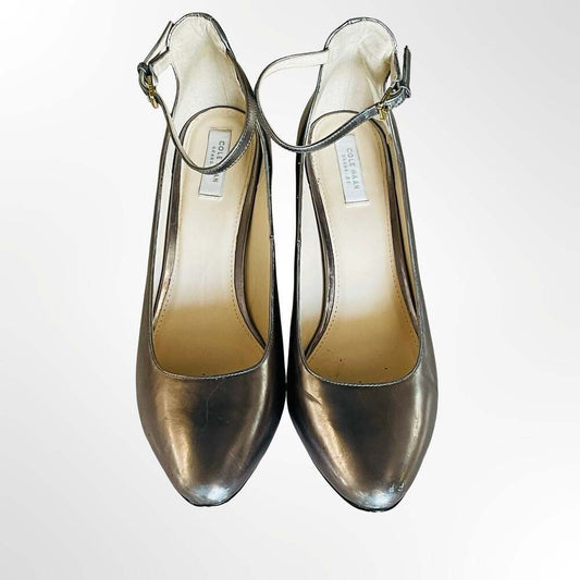 Cole Haan Grand.OS Metallic Pewter Ankle Strap Block Heel Pumps