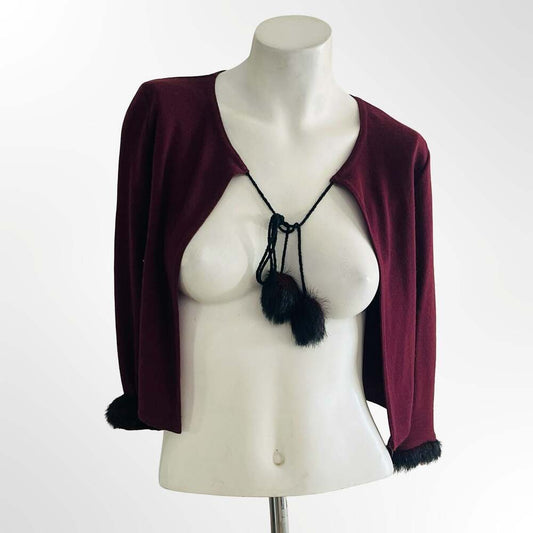 Zoe LTD Size 10 Burgundy Wool Cardigan Jacket with Faux Fur Cuffs and Pompoms