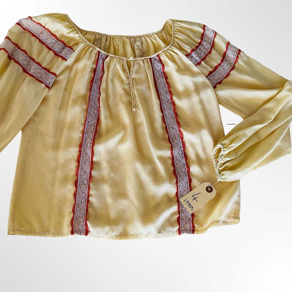 Vintage 1970s Yellow Peasant Blouse with Red and Purple Lace Trim