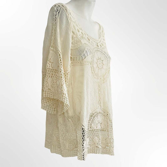 Indikah Cream White Boho Crochet Lace One Size Tunic Blouse