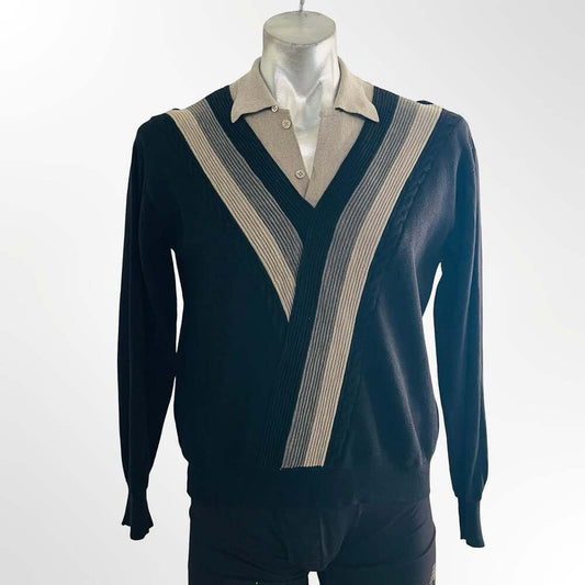 Leonardo Strassi Vintage Black V-Neck Layered Look Knit Sweater