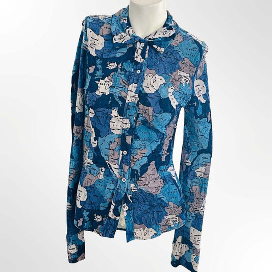 Vintage Blue World Map Print Long Sleeve Button-Up Shirt Size S