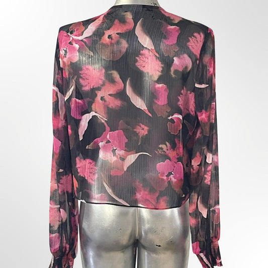 Bar III Black Blouse with Pink Floral Tie-Front