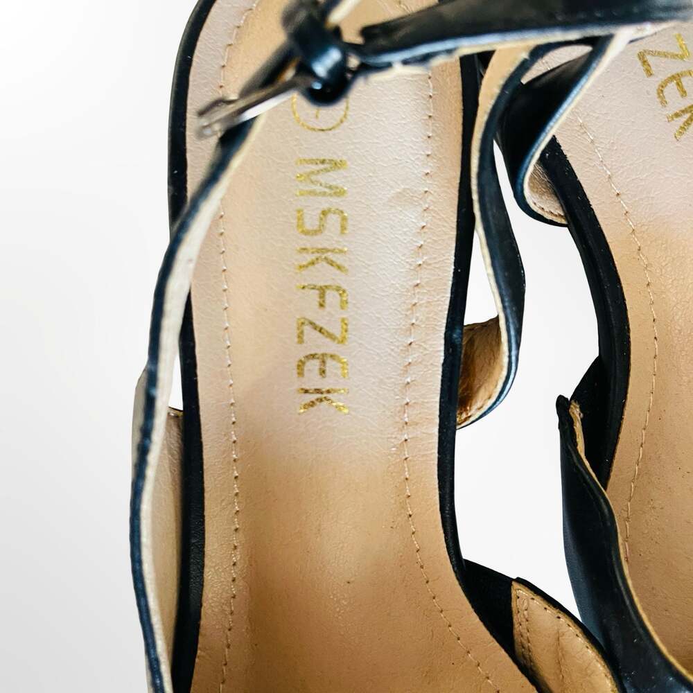 MSKFEZEK Black Pointed Toe Slingback Low Block Heel Pumps