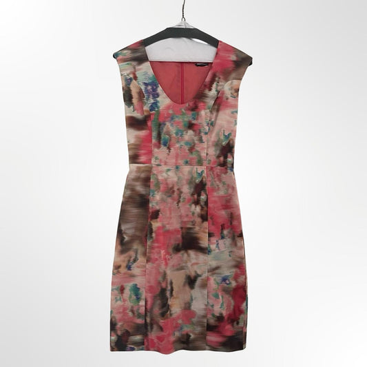 Black Halo Coral and Multicolor Abstract Midi Dress - size 2