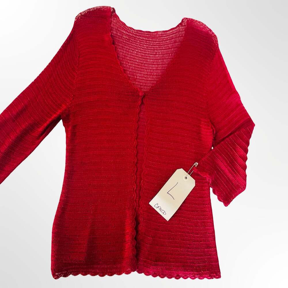 Tramo Switzerland Vintage Luxury Crocheted Open Front Scallop Trim Cardigan