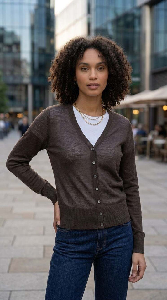 Unbranded Brown V-Neck Long Sleeve Button-Front Lightweight Cardigan Sweater