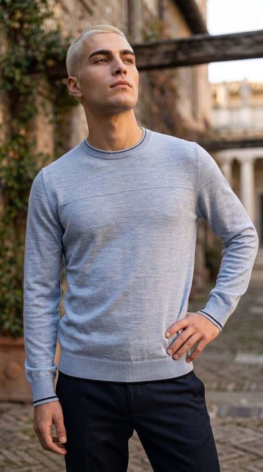 Murano Men's Extra Fine Merino Wool Crew Neck Sweater Light Blue Size L