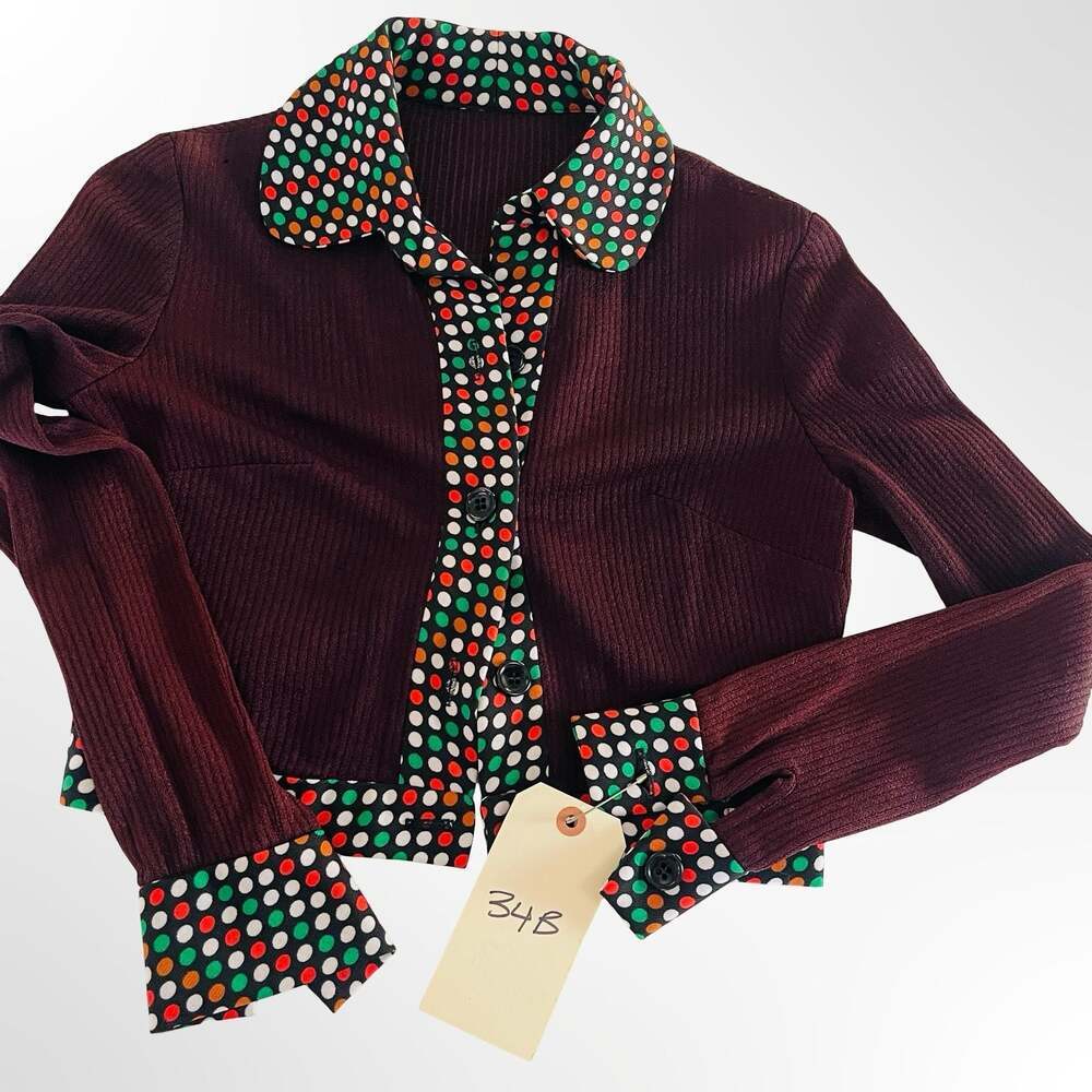 Vintage Ribbed Knit Cropped Cardigan with Polka Dot Trim