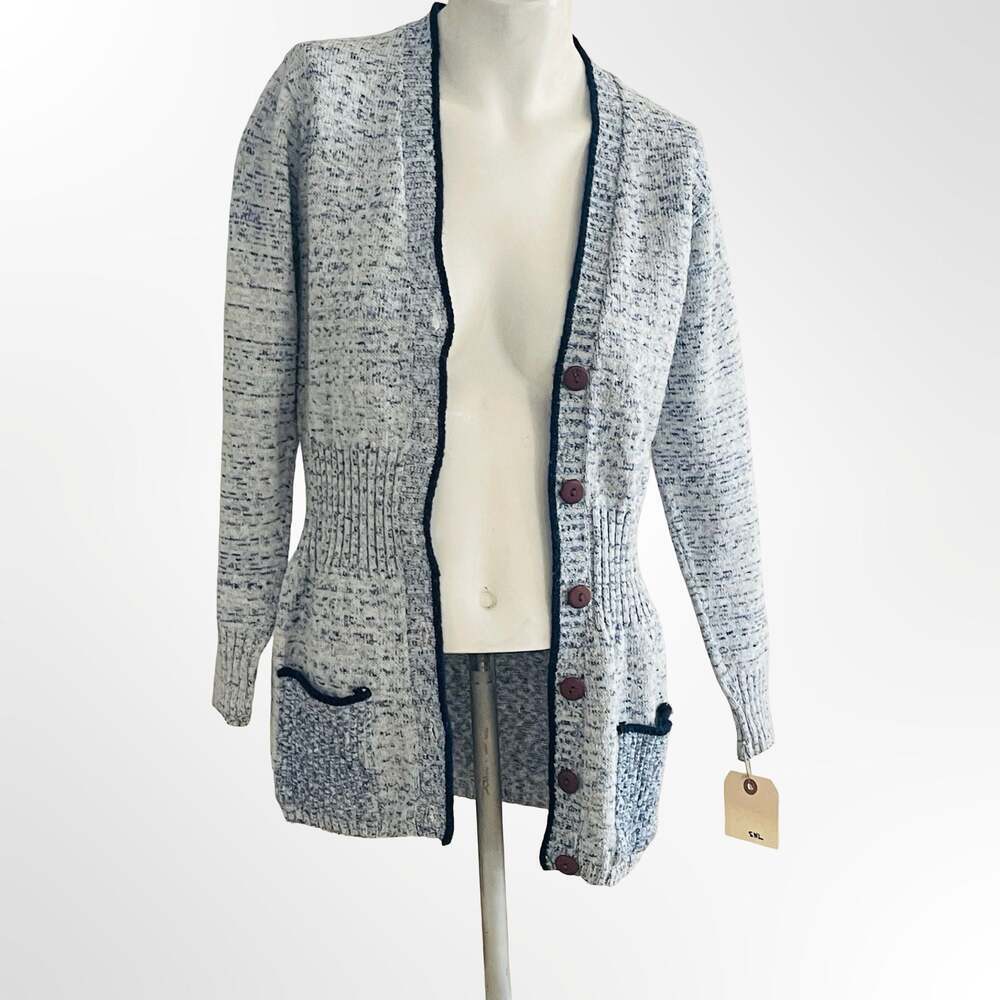 Women's Blue and White Marled Knit Button-Down Cardigan Sweater with Pockets