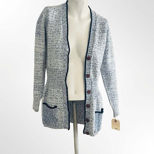 Women's Blue and White Marled Knit Button-Down Cardigan Sweater with Pockets