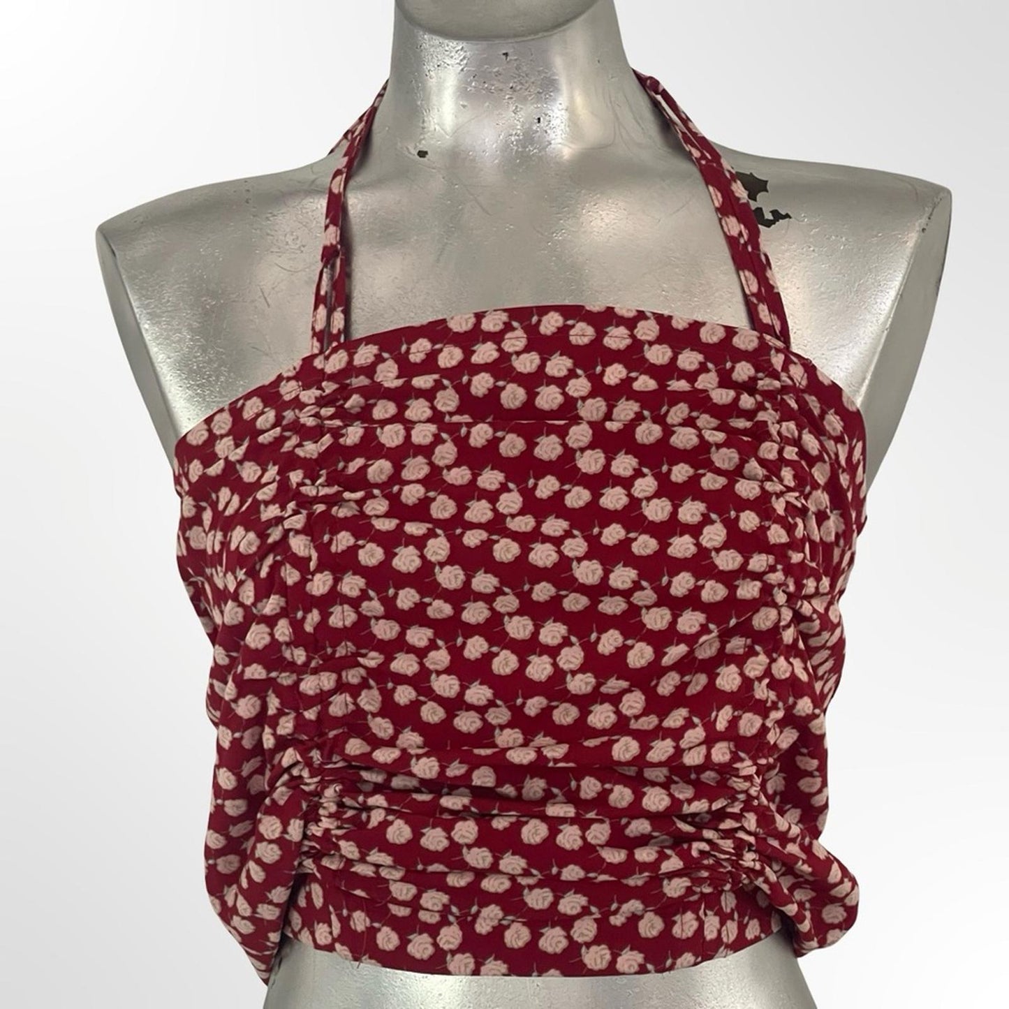 SHEIN Red Halter Crop Top with Cream Floral Dots