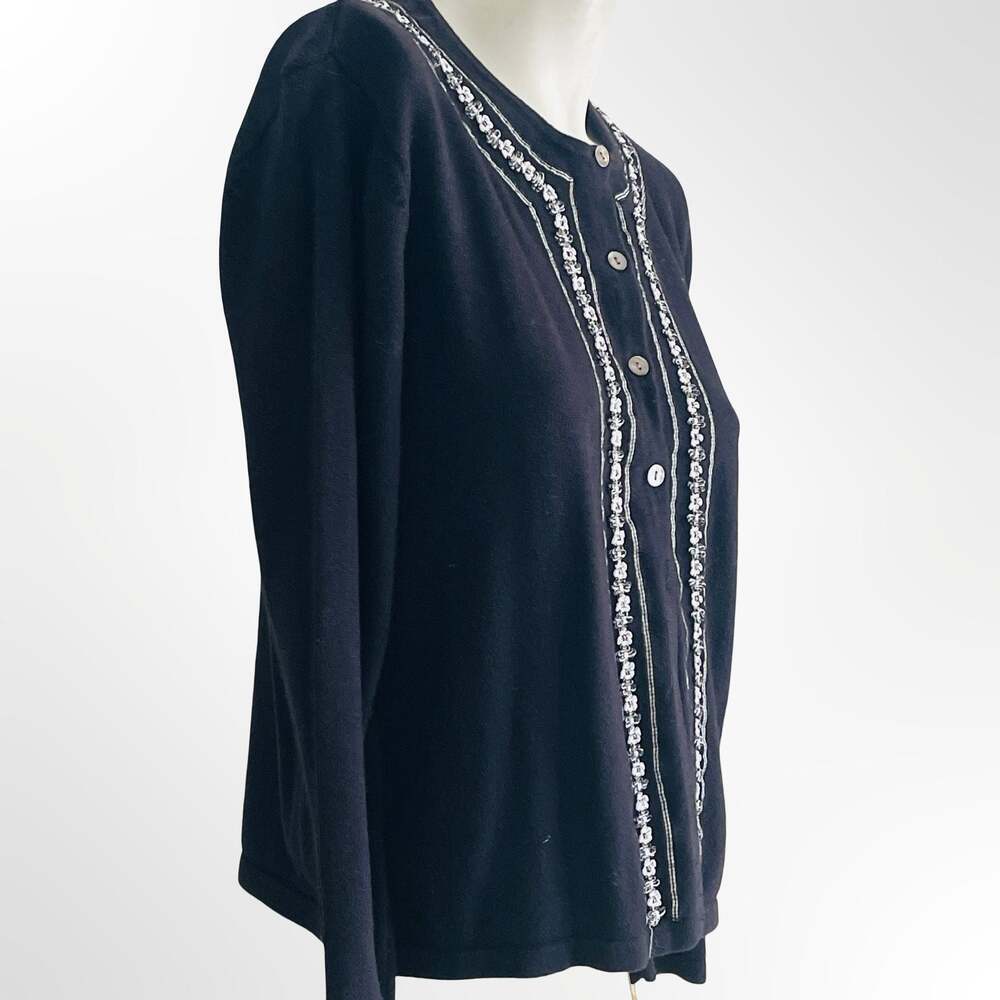 Talbots Black 100% Cotton Cardigan Sweater with Sequin and Bead Trim