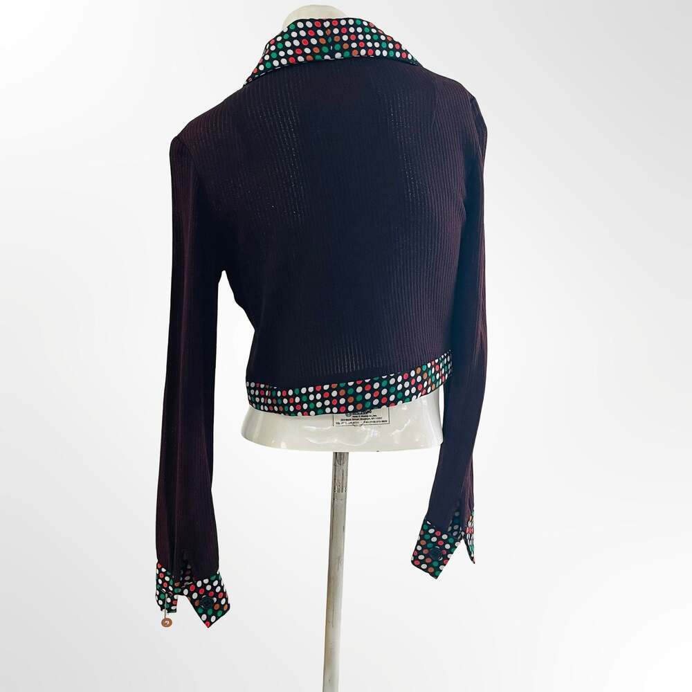 Vintage Ribbed Knit Cropped Cardigan with Polka Dot Trim