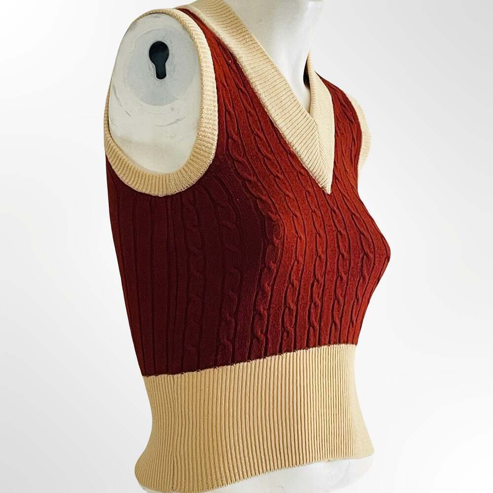 Vintage 1970s 100% Pure Wool Cable Knit V-Neck Sweater Vest Red Cream