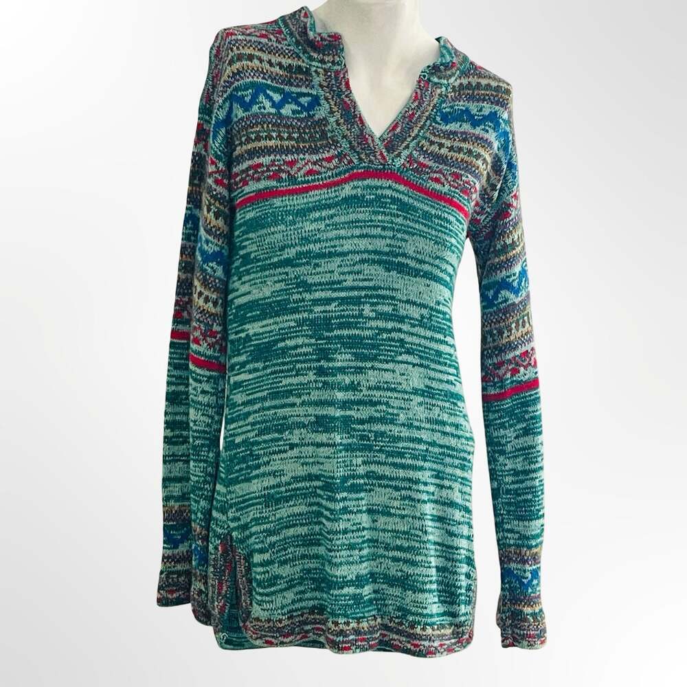 Vintage Aztec V-Neck Pullover Sweater Teal Size M