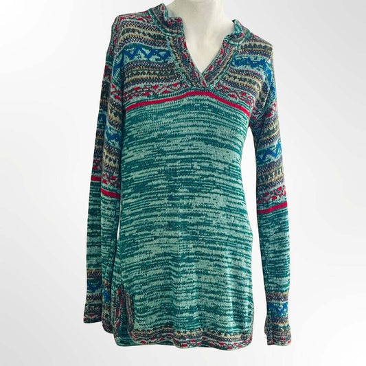 Vintage Aztec V-Neck Pullover Sweater Teal Size M