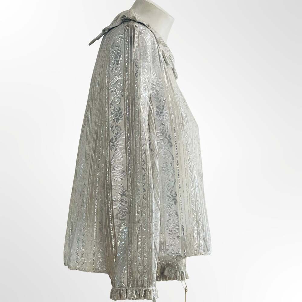 Vintage Metallic Silver Brocade Ruffle Collar Long Sleeve Blouse