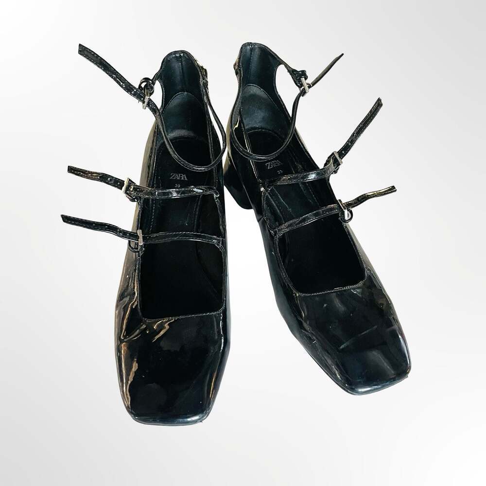 Zara Black Patent Leather Square-Toe Double-Strap Mary Jane Heels