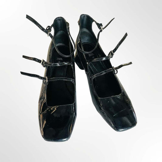 Zara Black Patent Leather Square-Toe Double-Strap Mary Jane Heels