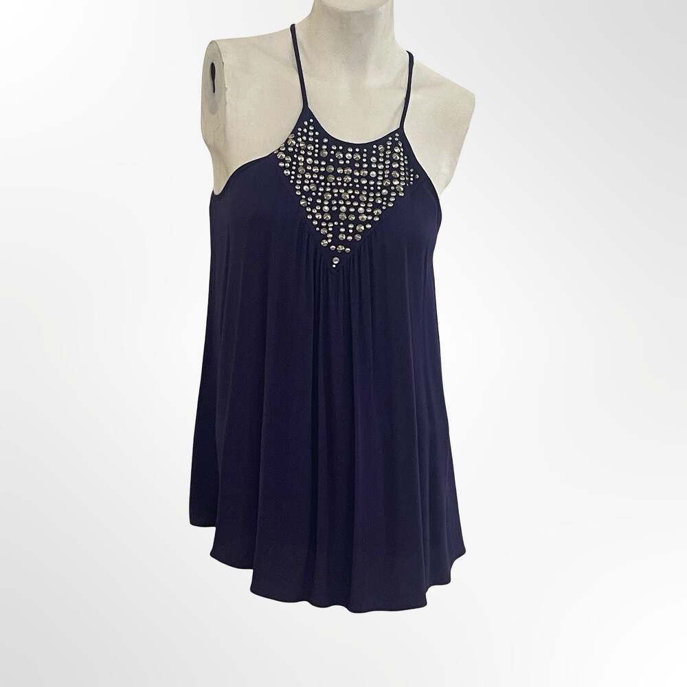 Rebecca Taylor Navy Embellished Halter Cami Swing Tank Top