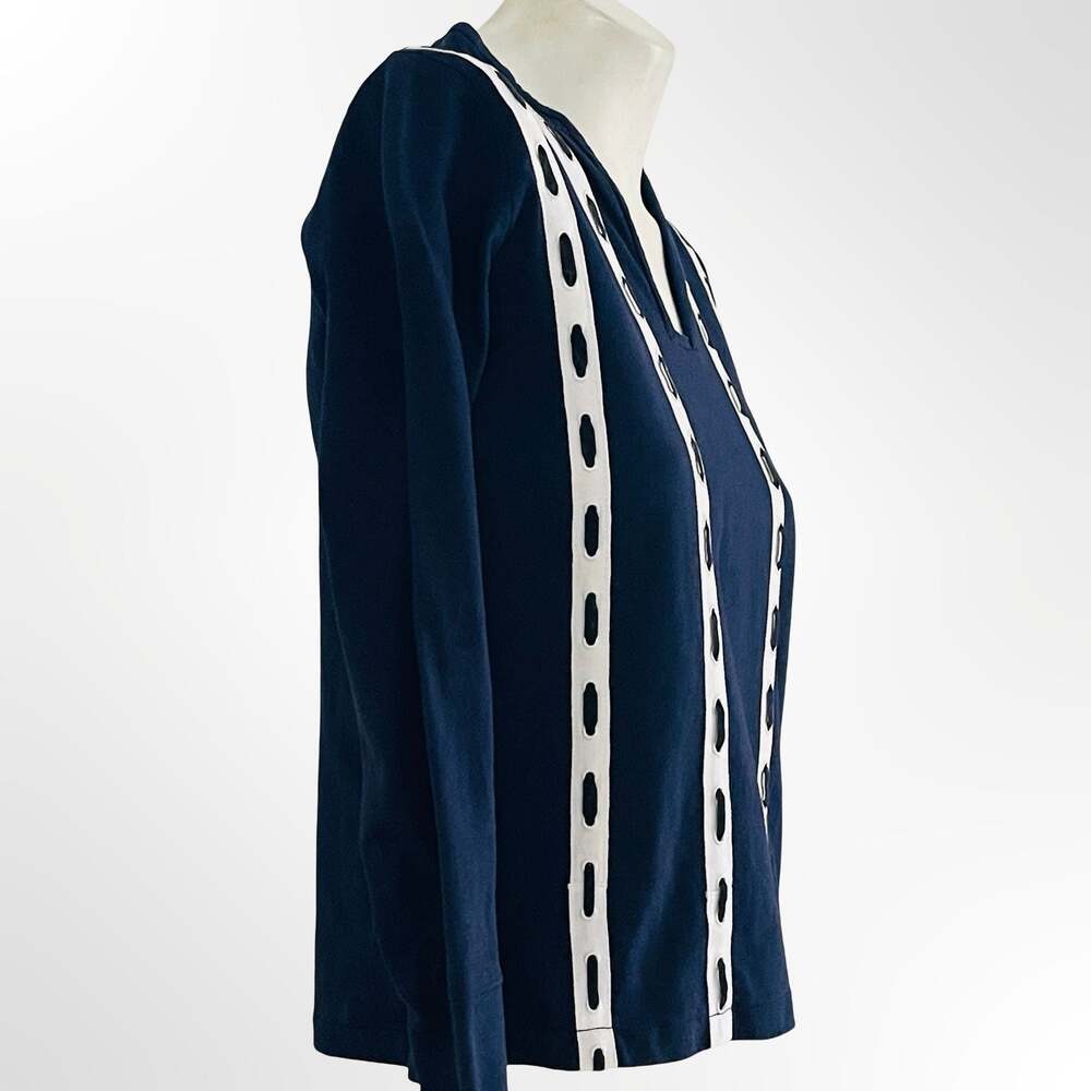 Vintage Navy Blue Long Sleeve Blouse with White Vertical Striped Details