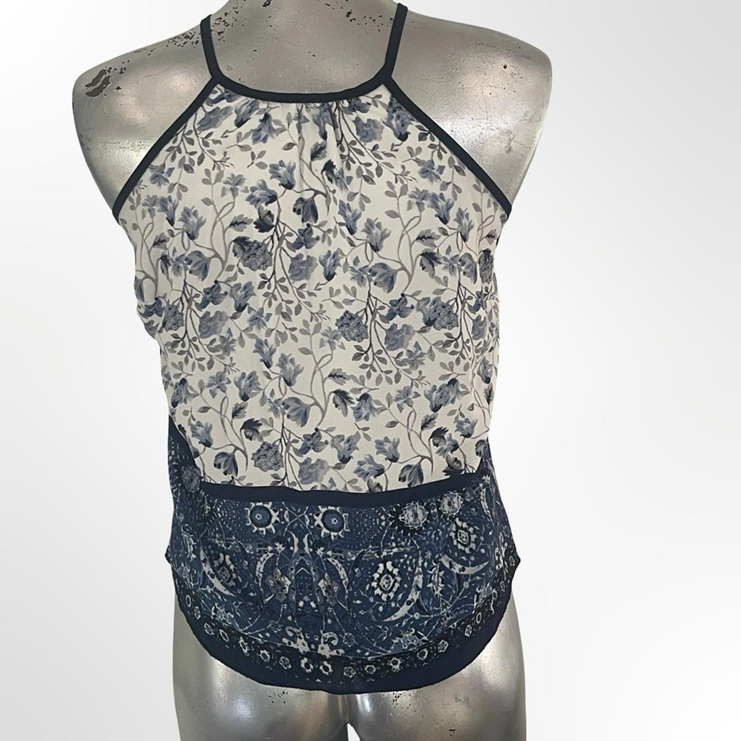 Olive Tree Floral Halter Peplum Top in Navy and White size S