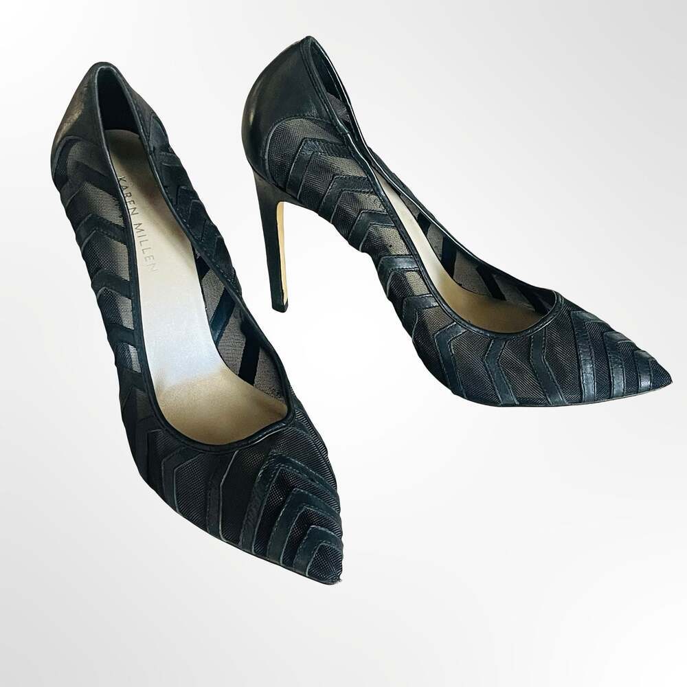 Karen Millen Black Mesh and Leather Pointed Toe Stiletto Pumps