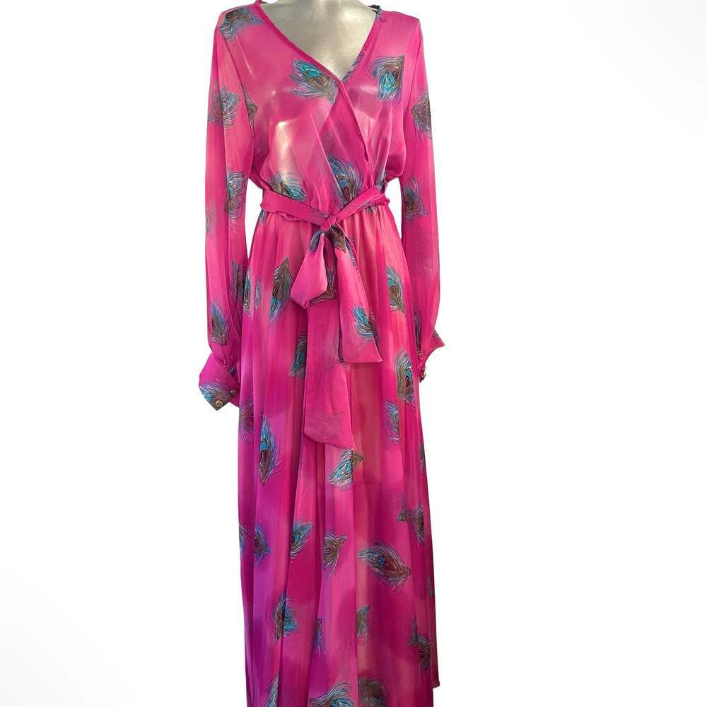 Sexy Diva Peacock Feather Print Long Sleeve V-Neck Maxi Dress