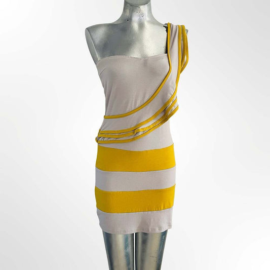 Gioia Fashion One Shoulder Dress Yellow Striped Bodycon Mini Size L