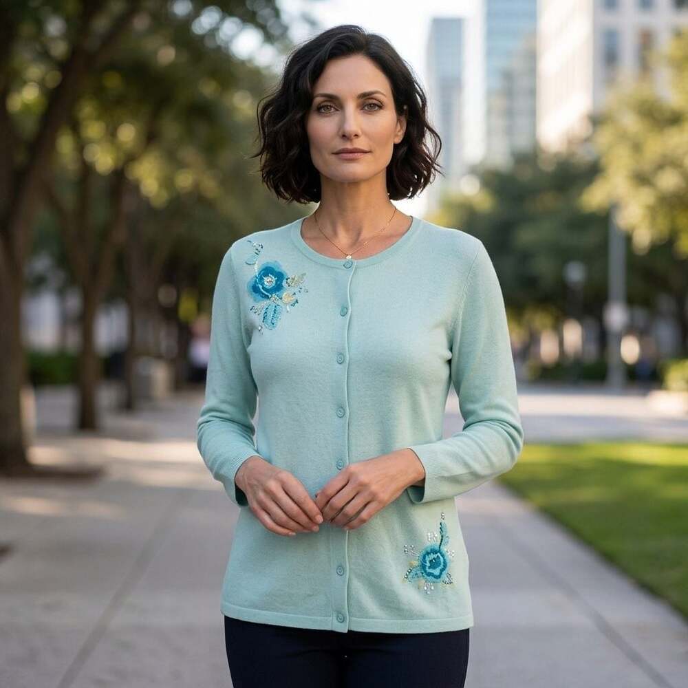 Northern Reflections Blue Floral Embroidered Cardigan Sweater Medium